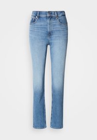Blauwe denim jeans met hoge taille, rechtvallende pasvorm, vervaagde kleurverloop en vijf-pocketstijl. Metalen knoop en ritssluiting.