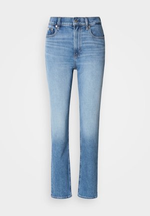Blauwe denim jeans met hoge taille, rechtvallende pasvorm, vervaagde kleurverloop en vijf-pocketstijl. Metalen knoop en ritssluiting.