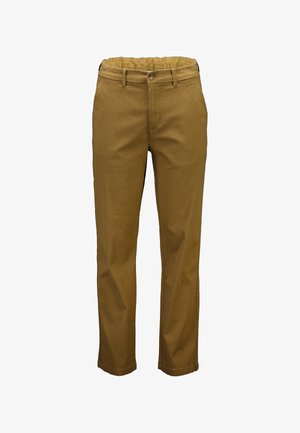 Beige, rechte broek met pijpen, gemaakt van een katoenmengsel. Voorzien van een knoopsluiting, riemlussen en steekzakken met een subtiele structuur.