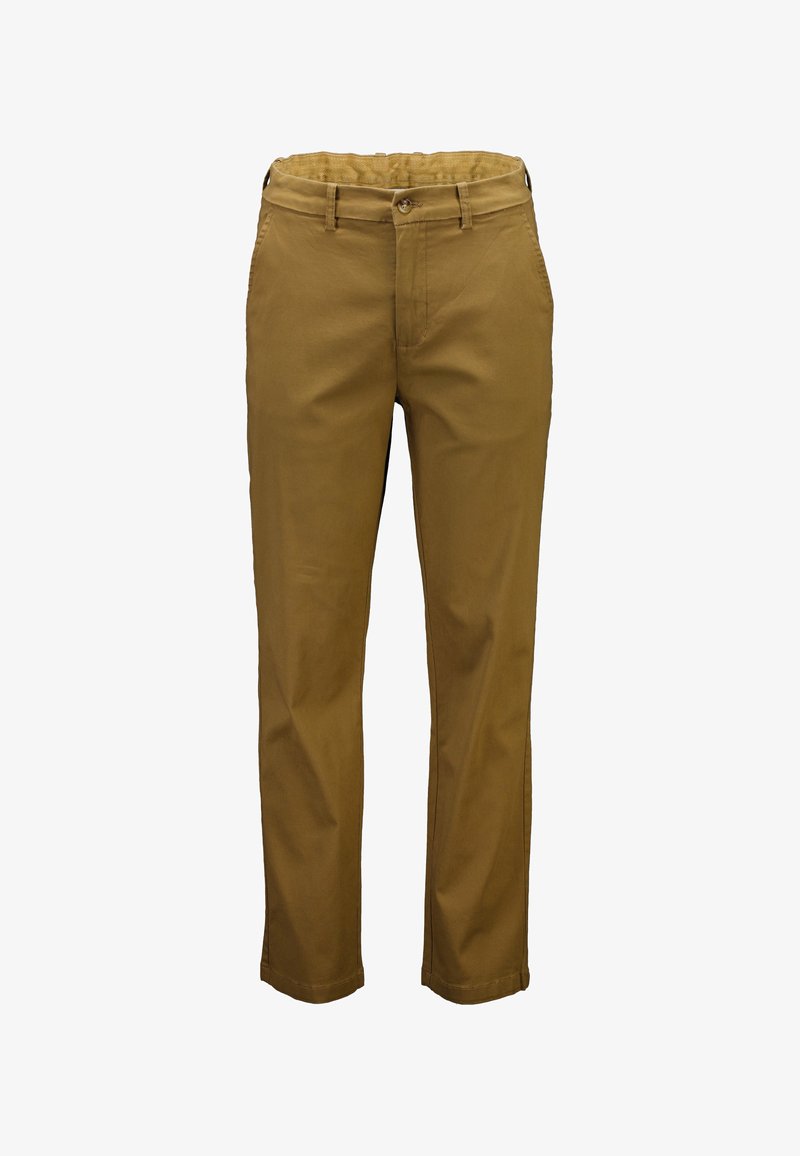 Beżowe spodnie o prostych nogawkach wykonane z materiału z domieszką bawełny. Wyposażone w zapięcie na guzik, szlufki na pasek oraz przednie kieszenie o delikatnej fakturze.