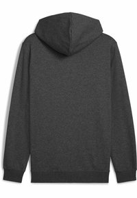 Donkergrijze hoodie met lange mouwen en een capuchon, met geribbelde manchetten, van achteren weergegeven op een witte achtergrond.