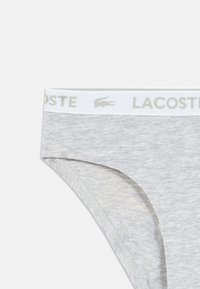 Szürke pamut bugyi fehér rugalmas derékpánttal, amelyen a "LACOSTE" felirat és egy logó található. Sima textúrájú, közepes magasságú dizájn, minimális varrással.