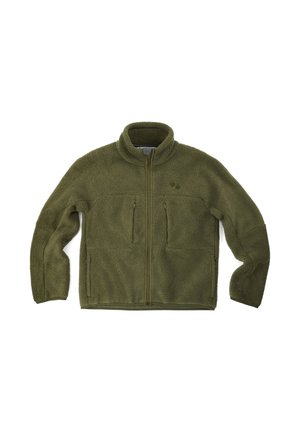 Olive green fleece jacket with a high collar, zip front, and two chest pockets; soft texture, slightly tapered fit, and minimal branding.