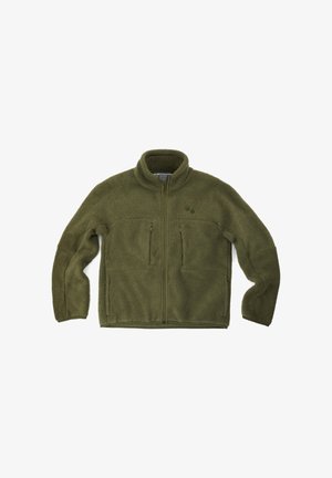 Olive green fleece jacket with a high collar, zip front, and two chest pockets; soft texture, slightly tapered fit, and minimal branding.