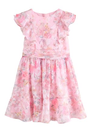 Pink blomster-toddlerkjole med flagrende ærmer, figursyet talje og samlet skørt, med bløde pastelfarvede blomsterprint.