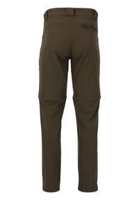 Bruine, lichtgewicht, afritsbare broek met een gladde textuur, voorzien van een achterzak met rits en een aangesloten taille. Ontworpen voor veelzijdigheid en comfort.