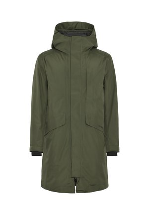 Long, olive green coat with a high collar and large hood. Features front zip closure, two side pockets, and black cuffs at the sleeves.