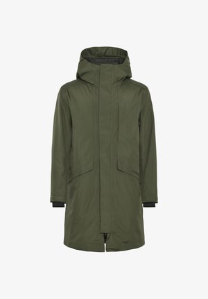 Long, olive green coat with a high collar and large hood. Features front zip closure, two side pockets, and black cuffs at the sleeves.