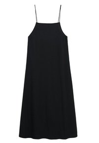 Černé bezrukávové šaty s tenkými ramínky, volný střih, splývavá silueta a hladká textura, dosahující do poloviny lýtek. Jednoduchý design.