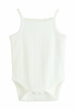 Hvid ribbet bodysuit med tynde stropper, der har en tekstureret overflade og trykknaplukning i bunden for nem påklædning.