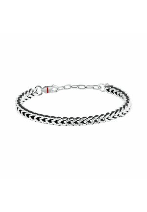 Braccialetto a catena d'argento intrecciato con una striscia di pelle nera e chiusura regolabile con catena di estensione.