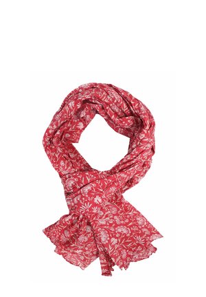 Rotes Blumenschal aus leichtem Stoff. Mit filigranen weißen Blumenmustern auf einer zerknitterten Textur und ausgefransten Enden.
