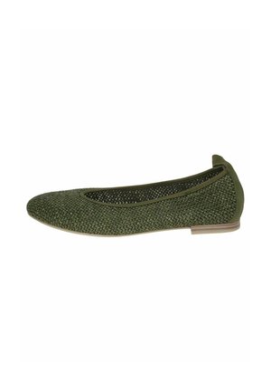 Chaussure plate tissée verte avec un bout arrondi, un talon fin et une texture en maille. Dispose d'une doublure douce et d'un design minimaliste.