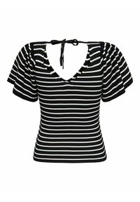 Mustavalkoraidallinen lyhythihainen yläosa, jossa on V-muotoinen kaula-aukko ja solmimisnauha takana. Yläosassa on vartalonmyötäinen ribbineulos ja liehutetut hihat.