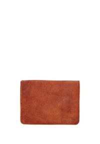 Braune Leder-Umschlag-Clutch mit glatter Textur, abgerundeten Kanten und dezenten Nähten am Rand.