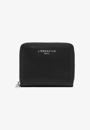 Czarny portfel zapinany na zamek błyskawiczny, wykonany z gładkiej skóry, z logo "Liebeskind Berlin" w srebrnych literach na przodzie.