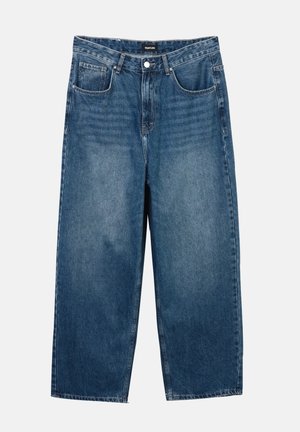 Blue wide-leg denim jeans with front pockets, belt loops, button closure, and subtle faded detailing on thighs.