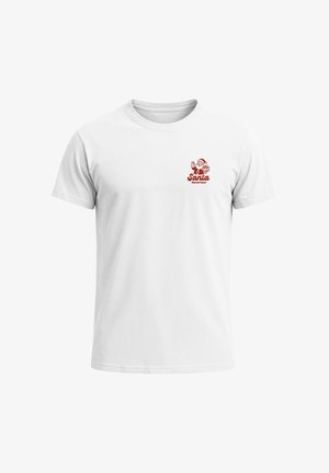 Weißes Baumwoll-T-Shirt mit einem roten Motiv von Santa, der ein Geschenk hält, mit dem Text "Santa Neverless" unter dem Bild auf der linken Brustseite.