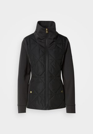 Veste zippée noire avec un devant matelassé à motifs en losange, col montant et manches longues, conçue pour la chaleur et le style.