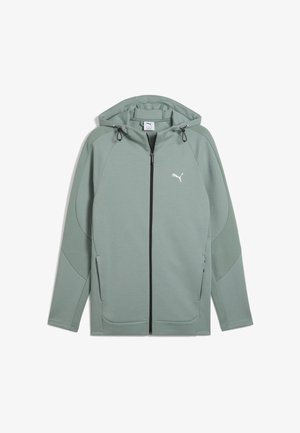 Mint green zip-up jacket with a hood, made of soft fabric, features black zip closure, mesh accents on sleeves, and a white logo on the chest.
