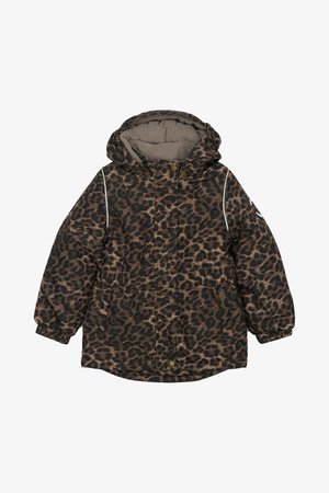 Parka jakna z leopardjim vzorcem v rjavi in črni barvi, z kapuco, zadrgo spredaj, dvema stranskima žepoma in elastičnimi manšetami. Mehka notranja podloga.