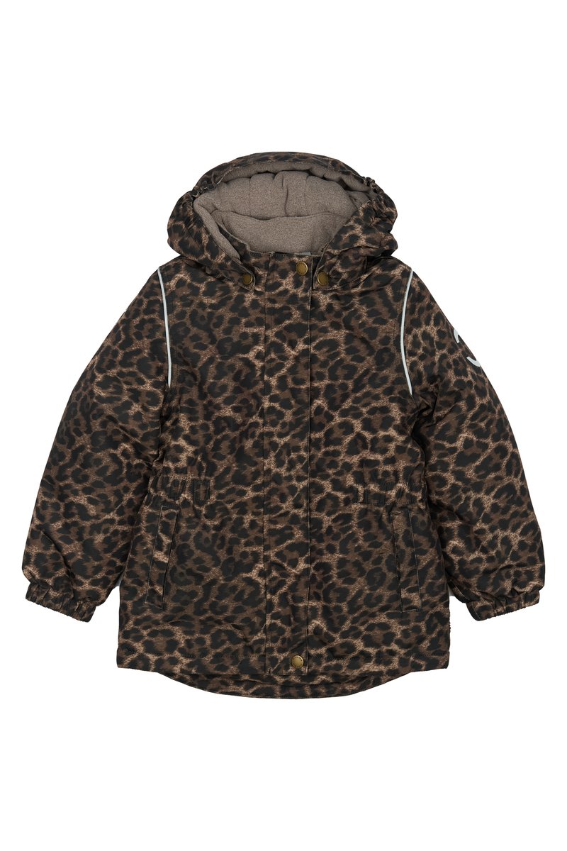 Parka jakna z leopardjim vzorcem v rjavi in črni barvi, z kapuco, zadrgo spredaj, dvema stranskima žepoma in elastičnimi manšetami. Mehka notranja podloga.
