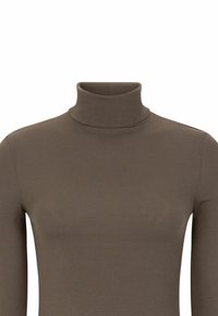 Pruun soonikk turtleneck top, millel on pikad varrukad. Kitsas disain ja veniv kangas. Tekstureeritud pind koos peente mustri detailidega.