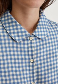 Camicia a quadri blu e bianca in gingham con fronte abbottonato, colletto a punta e texture liscia. Il tessuto sembra morbido e leggero.