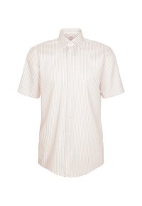Camicia a maniche corte in beige chiaro con sottili righe verticali. Presenta un colletto classico e un orlo leggermente curvato. Texture liscia.
