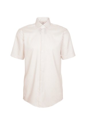Chemise à manches courtes boutonnée en beige clair avec de fines rayures verticales. Dotée d'un col classique et d'un ourlet légèrement arrondi. Texture douce.