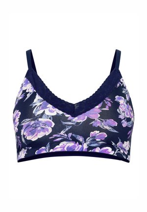 Floral bralette featuring a navy background with purple and white flowers, lace trim along the neckline, and adjustable straps.