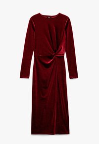 Bordowa sukienka z aksamitu z długimi rękawami, z przewiązanym węzłem na talii i bocznym rozcięciem dla lepszego ruchu. Gładka tekstura.