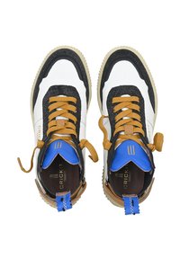 Sneakers with a white, black, and blue color scheme. Features include brown laces, textured black overlays, and a patterned rubber sole.