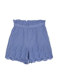 Ljusblå shorts med en volangmidja, som har broderade bladmönster och en scalloped nederkant med ögla-detaljer. Mjuk tyg.