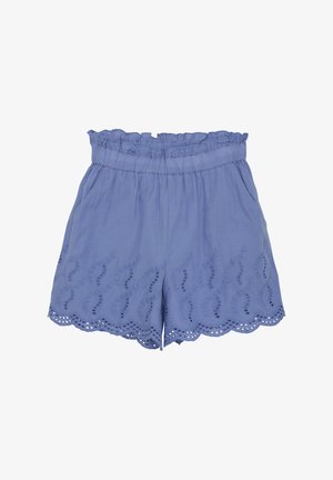 Lichtblauwe shorts met een gerimpelde tailleband, voorzien van geborduurde bladerenpatronen en een geschulpte zoom met oogjes. Zachte stof.