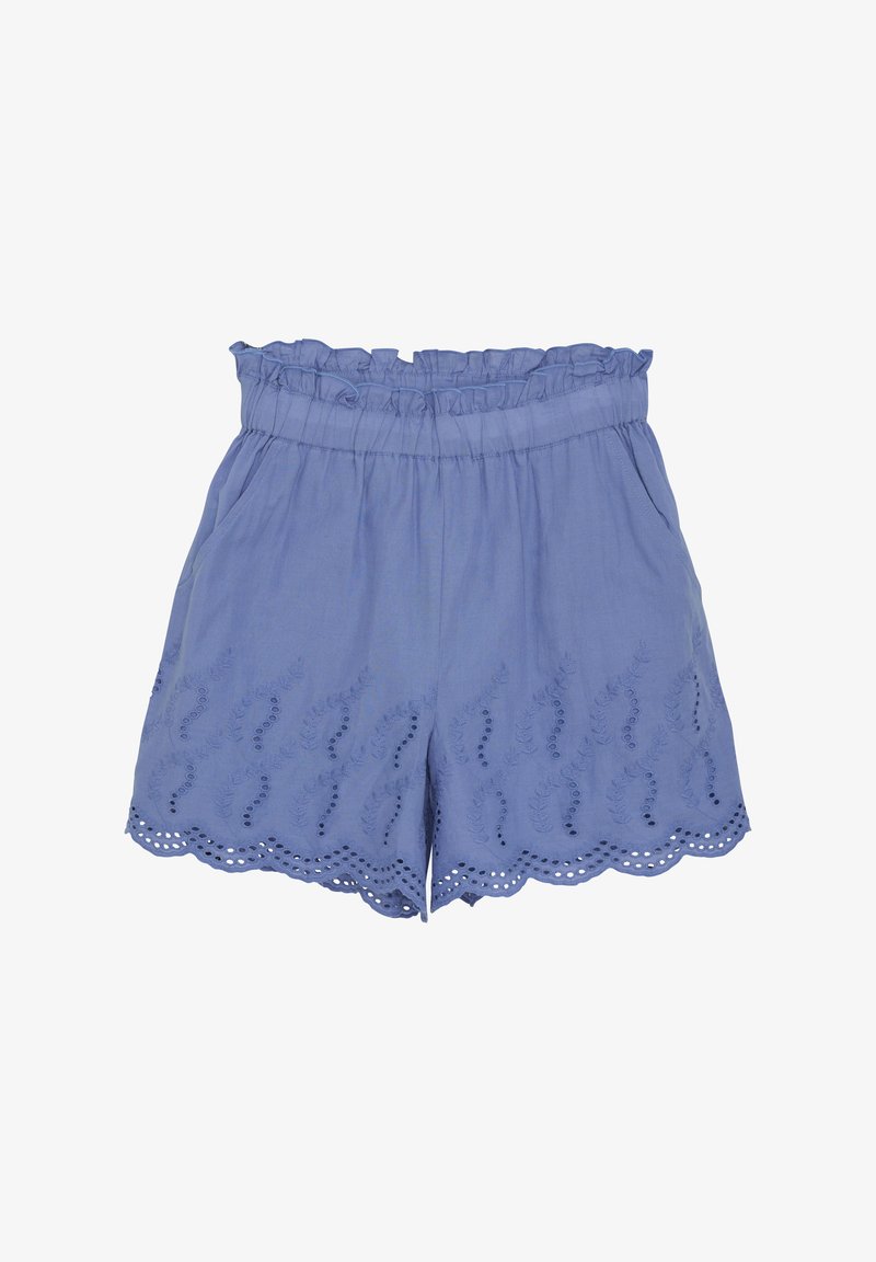 Jasnoniebieskie szorty z falbanastym pasem, ozdobione haftowanymi wzorami liści oraz falbaniastym wykończeniem z detali podziurkowanych. Miękka tkanina.