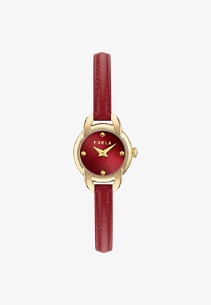 Rød læderrem ur med et rundt guld urkasse, en rød skive, guld time markører og en guld krone, med en glat tekstur og elegant design.