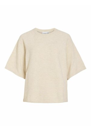 Šviesiai smėlio spalvos trumpomis rankovėmis palaidinė laisvo silueto, su apvalia iškirpte ir minkšta tekstūra. Turi raglano rankoves, be matomų raštų ar akcentų.