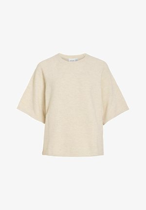 Ljusbeige kortärmad topp med avslappnad passform, rund halsringning och mjuk textur. Har raglanärmar och inga synliga mönster eller detaljer.