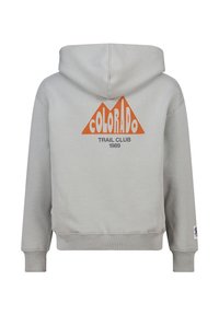 Gray hoodie featuring a large orange and white mountain graphic on the back, with "COLORADO TRAIL CLUB 1989" text in dark gray.