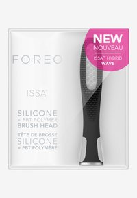 Svart silikon og PBT-polymer børstehode med teksturgrep og runde nupper, pakket i en klar plastboks. Merket viser "NY."