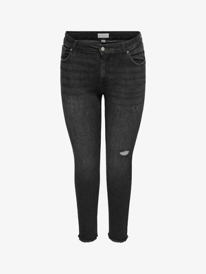 Sorte skinny jeans med let slid på det højre lår og flossede kanter, med knap- og lynlås-lukning samt forlommer.