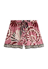 Shorts i rosa tyg med ett stort abstrakt blommönster i krämfärg och mörk burgunder. Elastisk midjeband med dragsnöre och vågig fåll.