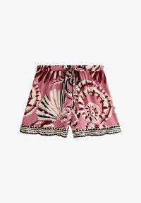 Pantalones cortos de tela rosa con un gran patrón abstracto de flores en crema y burdeos oscuro. Cintura elástica con cordón y dobladillo en forma de ondas.