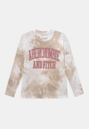 Dziecięca koszulka z długim rękawem w beżowo-biały wzór tie-dye z napisem „Abercrombie and Fitch” dużymi różowymi literami na przodzie.