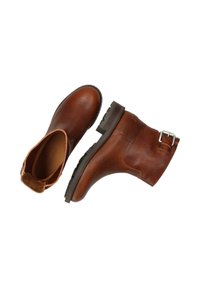 Brown leather ankle boots with a smooth finish, rounded toes, a buckle accent on the side, and textured rubber soles for traction.