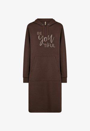 Brown hooded dress made of soft fabric, featuring a front pocket and the text "BE YOU'tiful" in light beige. Long sleeves and mid-length cut.