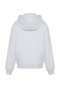 Lichtgrijze hoodie met een grote capuchon, ingezakte schouders en ribgebreide manchetten. Zachte textuur met een relaxte pasvorm en zonder zichtbare graphics of accenten.