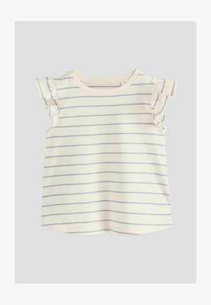 Camiseta de algodón a rayas con mangas onduladas, de tejido color crema claro con rayas horizontales azules alternas. Textura suave, dobladillo redondeado.