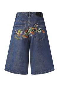 Denim shorts with a relaxed fit, featuring an intricate embroidered dragon on the back pockets in vibrant colors. Dark blue wash finish.
